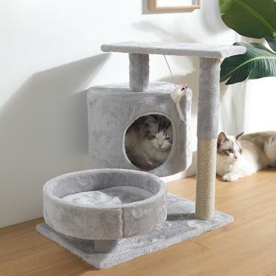 China High Quality Short Wood Stocked Plush New Style Small Cat Scratcher Cat Climb Tree for Cats Playing Rest and Sleep for sale