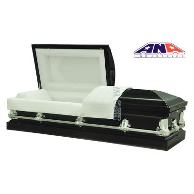 China Professional American Style Manufacturer Top Sale White Crepe Black Finish Purchase Metal Casket for sale