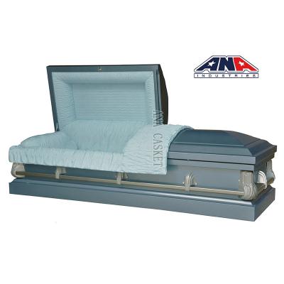 China Cheap Interior 22 Ga Pancake Factory Price Style Metal Caskets Non American Blue Steel Sealer Prices for sale