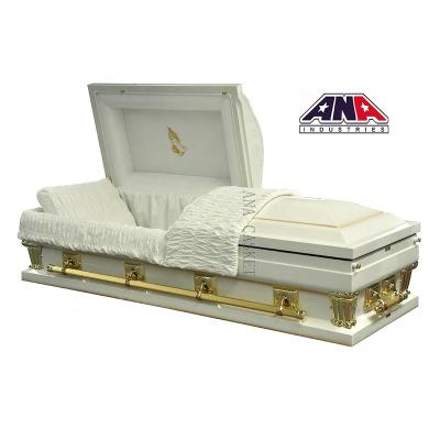 China American Size 18 GA Large White Steel Gold Pancake Style ANA American Style Oversized Funeral Casket for sale