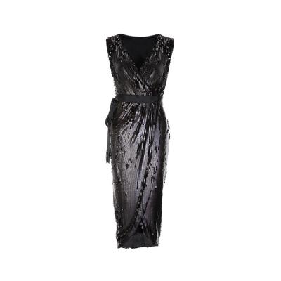 China 2022 Newest Design Elegant Black Luxury Wrapped Formal Women Sexy Breathable Modest Sequin Evening Dress for sale