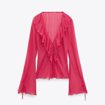 China 2022 Fashionable Breathable New Casual Ruffled Summer Stretching Long Sleeve Flare Tops Women's Blouses And Shirts for sale