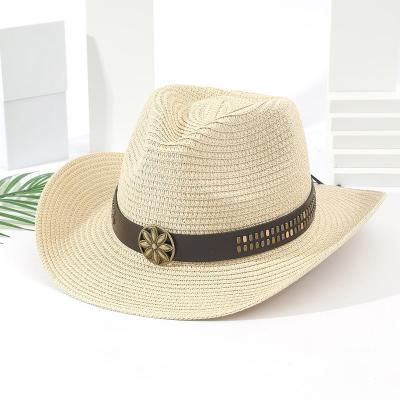 China 2023 Sun Protection Women Cowboy Belt National Style Ladies Dress Soft Beach Straw Hats Fedora Summer Sun Hat UV Protection Paper Sun Hat for sale