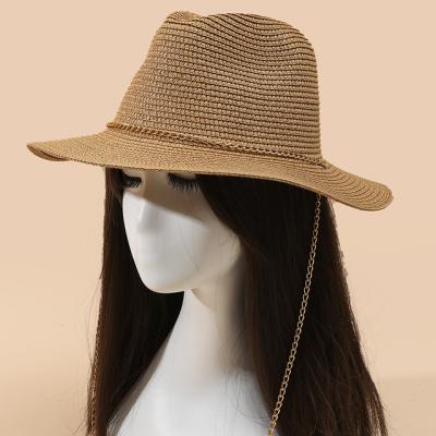 China 2023 Sun Protection Ladies Dress Sun Visor Straw Beach Hats Foldable Lifeguard Summer UV Protection Paper Women Windproof Metal Chains Hat for sale