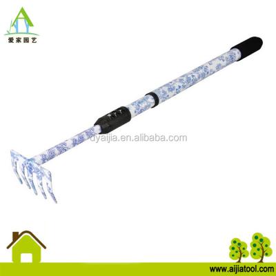 China Garden 5 Tooth Steel Lawn Rake Printed Hand Tool With Telescopic Steel Handle for sale