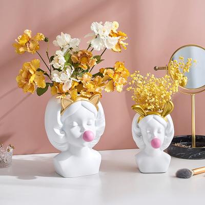 China White modern home decoration gift girl bedroom decoration flower pot resin country girl indoor flower pot for sale