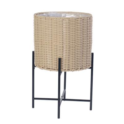 China New Fashion Modern Hot Selling Plastic Rattan Weaving Flower Pots With Metal Stand for sale