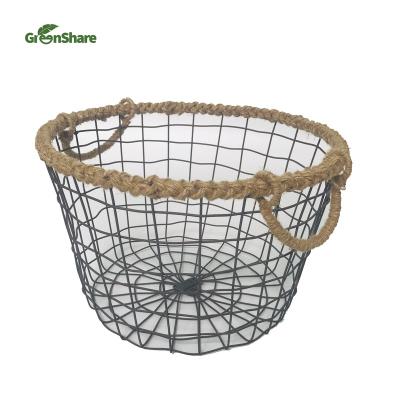 China Sustainable Antique Vintage Metal Wire Storage Basket With Jute Handle For Home Set Of 2 for sale