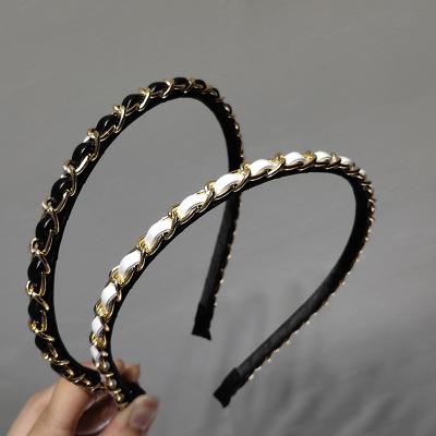 China CLARMER Environmentally Friendly Fashion New Handmade Simple Hair Accessories PU Thin Gold Leather Metal Braid Chain Headband for sale