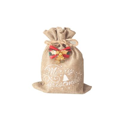 China Cheap Gift Sack Burlap Christmas Drawstring Gift Bag For Promotion With Sticker for sale