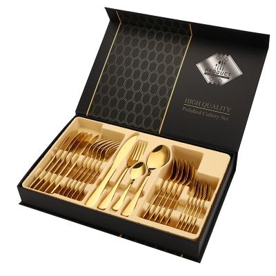 China Sustainable New Design Gold Plated 24 Pcs Mirror And Cutlery Box Color Box Flat Dinnerware Royal Western Painting Set for sale