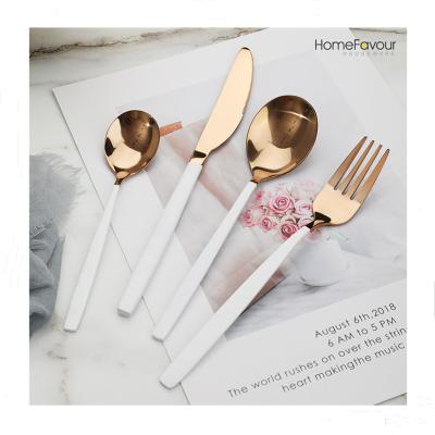 China Sustainable Rose Gold Stainless Steel Flatware Spoon And Fork Travel Cutlery Set Sets Rose Gold White Handle Hotel Restaurant Home Metal for sale