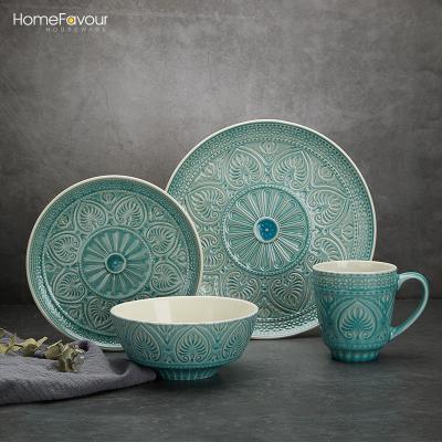 China Viable Luxury Royal UAE Style Dinnerware Set Fine Ceramic Flower Relief Dish and Bowl Green Dinner Set for sale