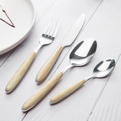 China Sustainable Wood Grain 16pcs Plastic Handle Stainless Steel Metal Spoon Fork Knife Cutlery Set for sale