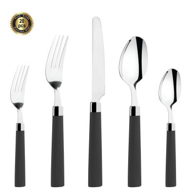 China Sustainable Wide Flat Handle Travel Restaurant Set Plastic Handle Rack Stainless Steel Cutlery for sale