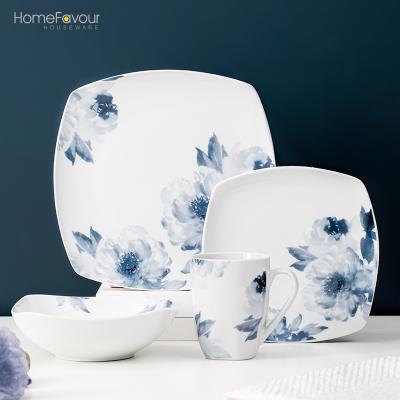 China Viable Luxury Chinese Brush Painting Flower Ceramic Tableware Square Dinner Dishes Dessert Dish Square Soup Bowl For Restaurant for sale