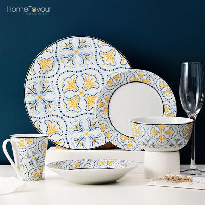 China Sustainable Checkered Pattern Ginkgo Leaf 4/16 Pcs Yellow And Blue Porcelain Dishware Printing Dining Plate Set Whirlpool Cup for sale