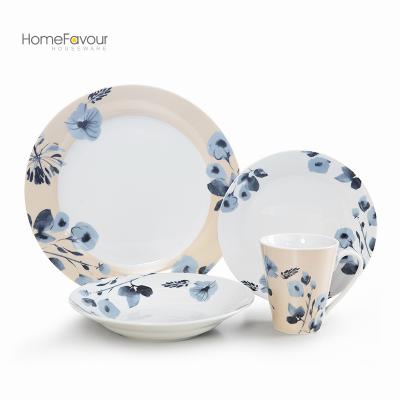 China Flower Porcelain Dinner Dish Sustainable White Ceramic Blue Soup Bowl With Cup for sale