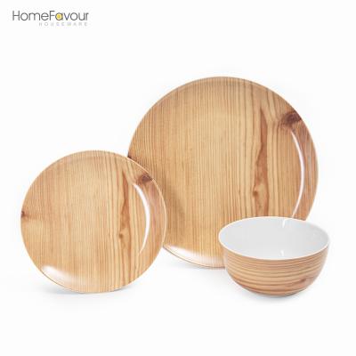 China Sustainable Ceramic Dinnerware Set Porcelain Ceramic Wood Grain Pattern Plates And Bowls for sale