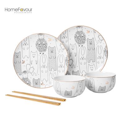 China Ceramic Dinnerware Set 6pcs Cute Cartoon Viable Porcelain Dishes And Bowls Set Small Piece Chopsticks Service For 2 for sale