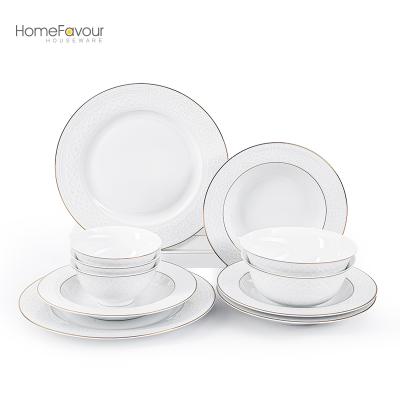 China Sustainable Luxury European Porcelain Dinner Set 12pcs White Rice Bowl Dinner Plate Embossed Dining Dishes Set Dinnerware Dishes For House for sale