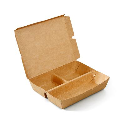 China Hot Selling Recyclable Printed Kraft Paper Food Grade Paper 3 Compartment Wrinkle Free Packaging For Food Take Out Food Box Packaging for sale