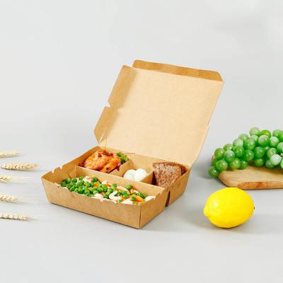 China Recyclable Kraft Paper Bento Box 4 Compartment Wholesale Food Container Paper Collapsible Lunch Box for sale