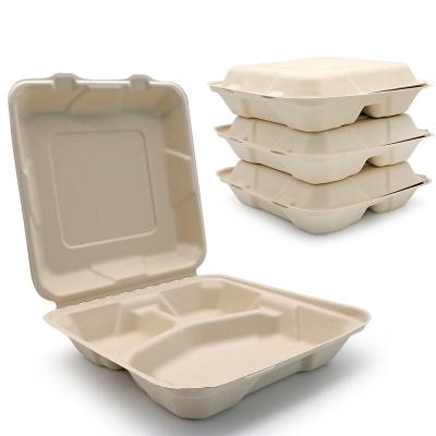 China Sustainable Greaseproof 3 Compartment Take Out Food Containers Sugar Cane Bento Square To Go Lunch Box Disposable Wholesale Food Containers for sale