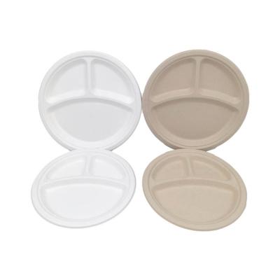 China 6 8 9 10 Disposable Non-Toxic and Sanitary 12.5 Inch 3 Compartment Biodegradable Disposable Bowl Round Bagasse Dishes for sale