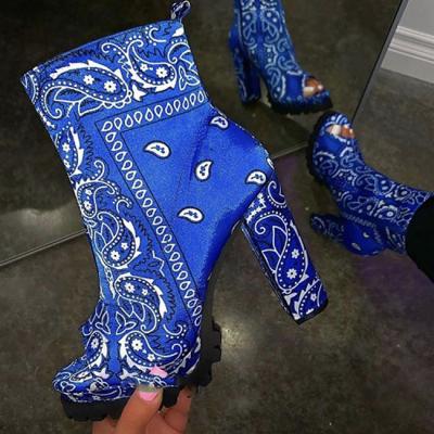 China Winter Anti-Slippery Boots Blue Bandana Toe Side Zipper Closure Chunky Open Heel Boots 4.5