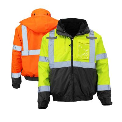 China Alkali Proof Padded Hood Detachable High Visibility Fluorescent Reflective Winter 3 In 1 Safety Jacket for sale