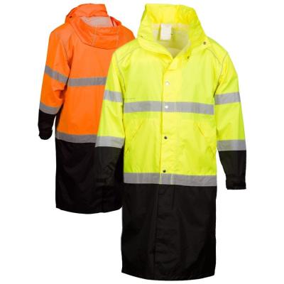 China Alkali proof safety rain gear with silver reflective segment tape and elastic cuff have 2hand pockets with zipper closure in the bottom for sale