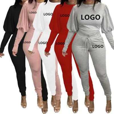 China Sustainable Women 2 Piece Pants Set Custom Logo Plus Size Puff Sleeve Two Piece Lounge Set Women Tracksuit Sport Suit Clothing RS00875 for sale