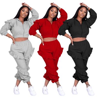 China Anti-pilling Women's Clothing Long Sleeve Ruffles Hooded Zipper Up Jacket Crop Top And Pants Two Piece Set Tracksuit Outfits For Women RS00919 for sale