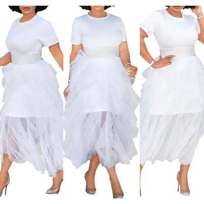 China YC00019 Women Breathable Comfortable High Quality Summer Fashion White T Shirt Dresses With Net Yarn Skirt Set On Sale for sale