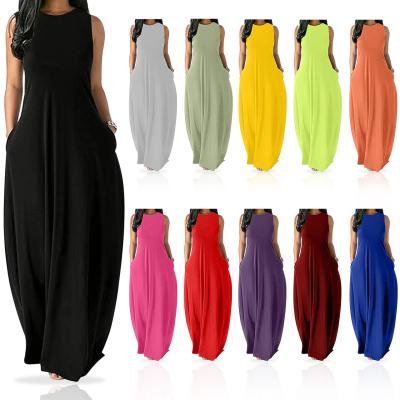 China Women Anti-Static Sundress 2021 Summer Solid Color Loose Pockets Ladies Solid Color Long Dress Women Fashion Casual Maxi Dresses for sale