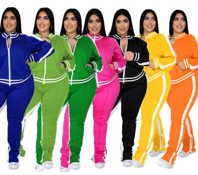 China Anti-Static Sweatsuit Women Set Plus Size 2 Piece Set Women Zipper Striped Top Split Pants Sports Suits Casual Matching Sets 4XL 5XL RS00633 for sale