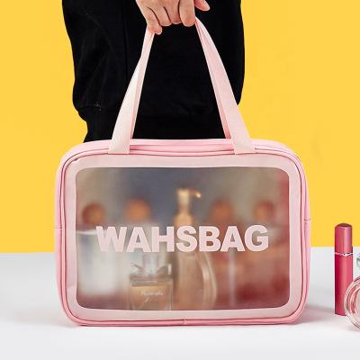 China Customized 2021 Fashion Logo Pink Neon Transparent Zipper Beach Travel Makeup Organizer Pouch Clear PVC PVC Cosmetic Bag for sale