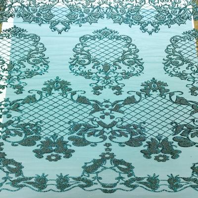 China Viable High Quality White Wedding Nice Craft Bonded Glitter Tulle Beaded Dark Green Lace Fabric For Dress Women 100% Polyester Net for sale