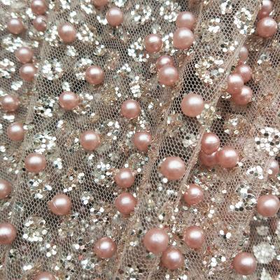 China Viable Wholesale Sequin Fabric With Gold Beads Glitter Nigerian Mesh Beaded Lace Fabric Shiny African Dress Sewing Material for sale