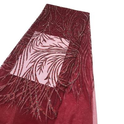 China Viable Wine Red Glitter Crystal Mesh Women Dress Material Lace Tulle Fabric With Rhinestones For Dress Even Sewing High Quality for sale