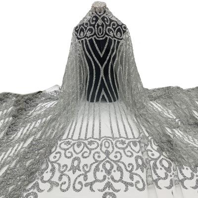 China Hot Selling Viable Diamond Bridal Fabric Glitter With Shiny Silver Crystal Rhinestone Tulle Couture Lace for Sewing Nigerian Dress Gowns for sale