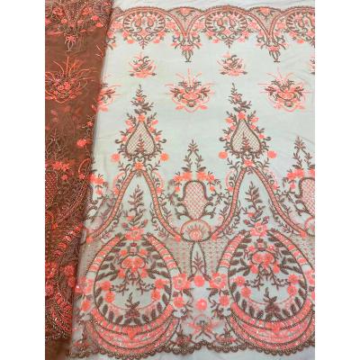 China New Sustainable Vintage Design Multicolor Guipure Lace Sequin Beaded Fabric Embroidery Transparent Textiles For Dress Wedding Bridal for sale