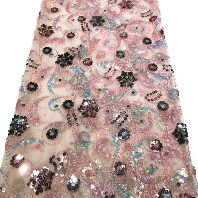 China Viable African Rose Pink Floral Beaded Lace Fabric With Sequins Luxury Embroidery Tulle Mesh For Gorgeous Shiny Party dresses textiles for sale