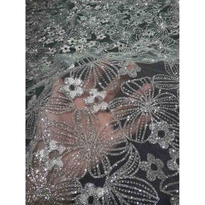 China Viable White Flower Mesh Platinum Silver Glitter Tulle Mesh Silicone Beads Lace Fabric for Sewing Dress Even Sparkly Bridal Wedding for sale