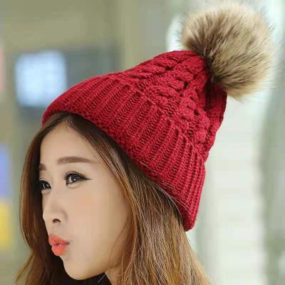 China W012 Ladies COMMON outdoor color twist pure wool warm autumn and winter knit hat mouse hair ball cap for sale