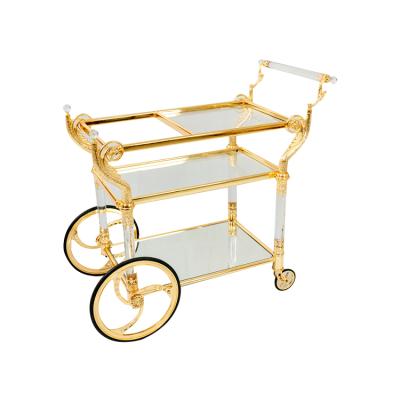 China Light And Decoration Medieval Vintage Dining Trolley Hotel Bar Family Dining Serving Trolley Gold Copper Trolley for sale