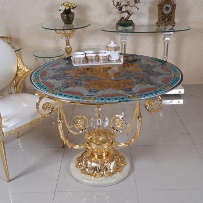 China Slipcovered Modern Family Table Gold Copper Round Table and Chair Combination for sale