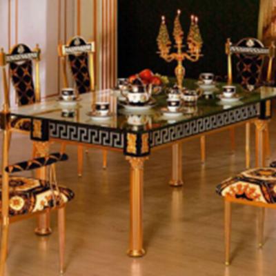 China Family Hotel Luxury Slipcovered Glass Dining Table Royal and Elegant Wedding Gold Plating Printed Dining Chair Dining Table for sale