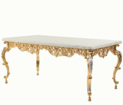 China Royal Luxury Wedding Table in Gold Copper Slipcovered with Rectangular Marble Top for sale